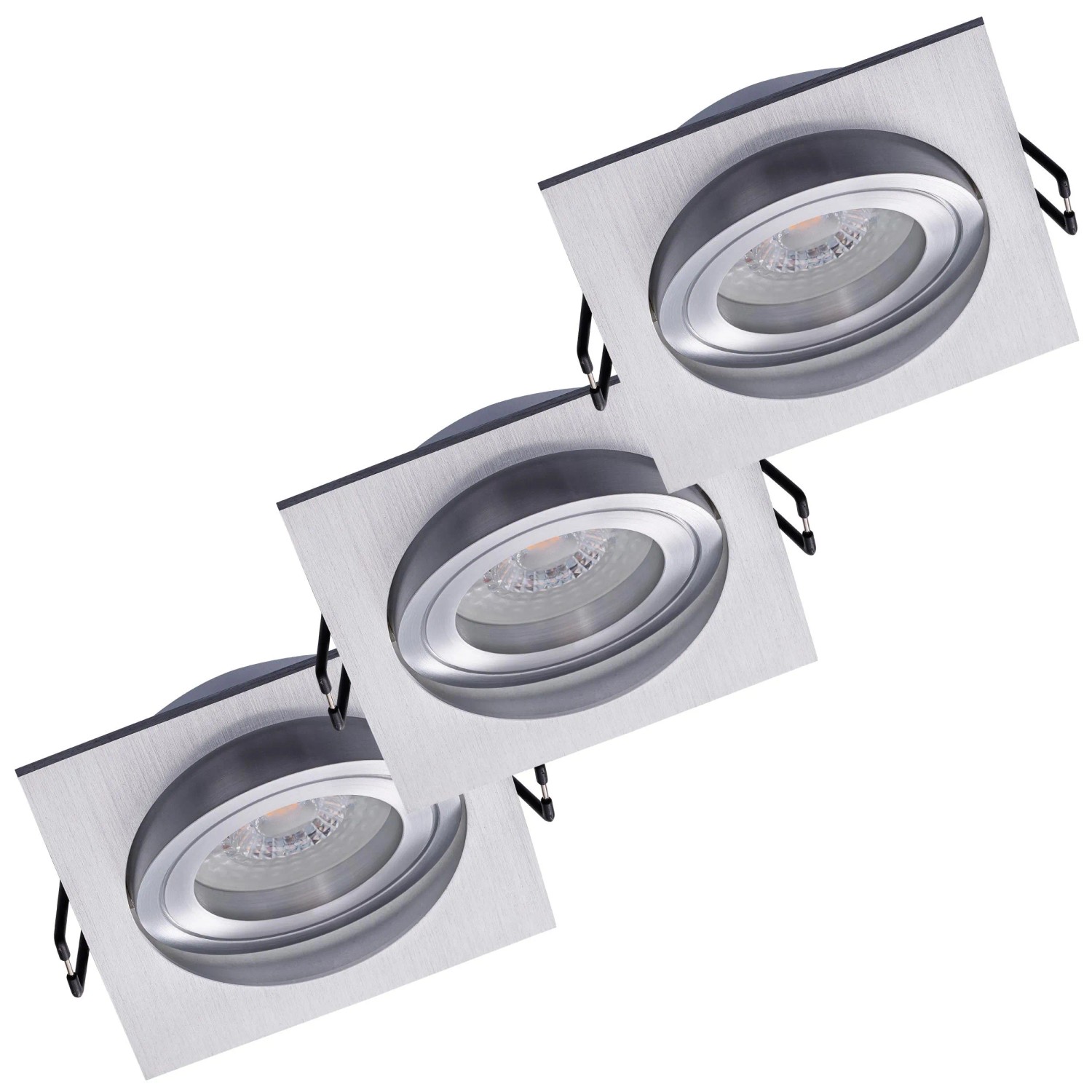 Oktaplex Lyon 3er Set LED-Einbaustrahler Schwenkbar Eckig Alu Gebürstet 4,8W Warmweiß 3000K 230V Flach Lochmaß 80 mm