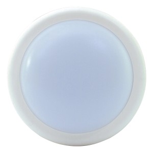 Weiße LED-Rundleuchte für Keller: Kunststoffgehäuse mit Glasabdeckung, kaltweißes Licht.