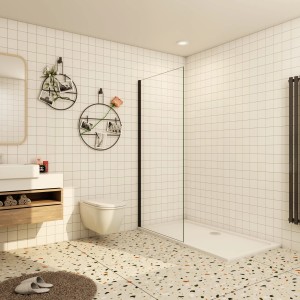 Begehbare Duschwand mit schwarzem Rahmen, 110x200cm, 8mm ESG Glas, NANO-Beschichtung.