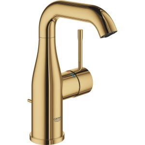 Grohe Essence Waschtischarmatur M-Size in Cool Sunrise, goldfarben, mit gebogenem Auslauf.