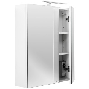 Posseik Spiegelschrank, 60 cm, weiß, mit geöffneter Tür und zwei Einlegeböden.