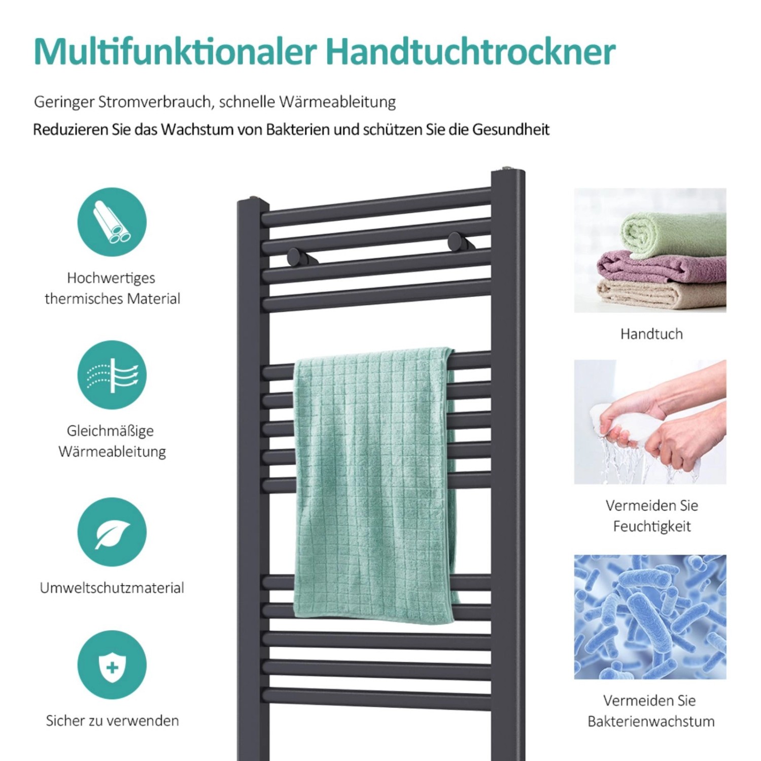 Emke Badheizkörper 100x60cm in Anthrazit mit Handtuch. Handtuchwärmer für Bad.