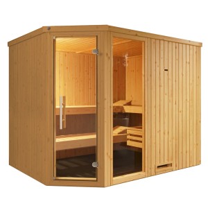 Weka Element-Ecksauna Varberg mit Glastür, Fenster und Ofen Sparset. Holzfarben.