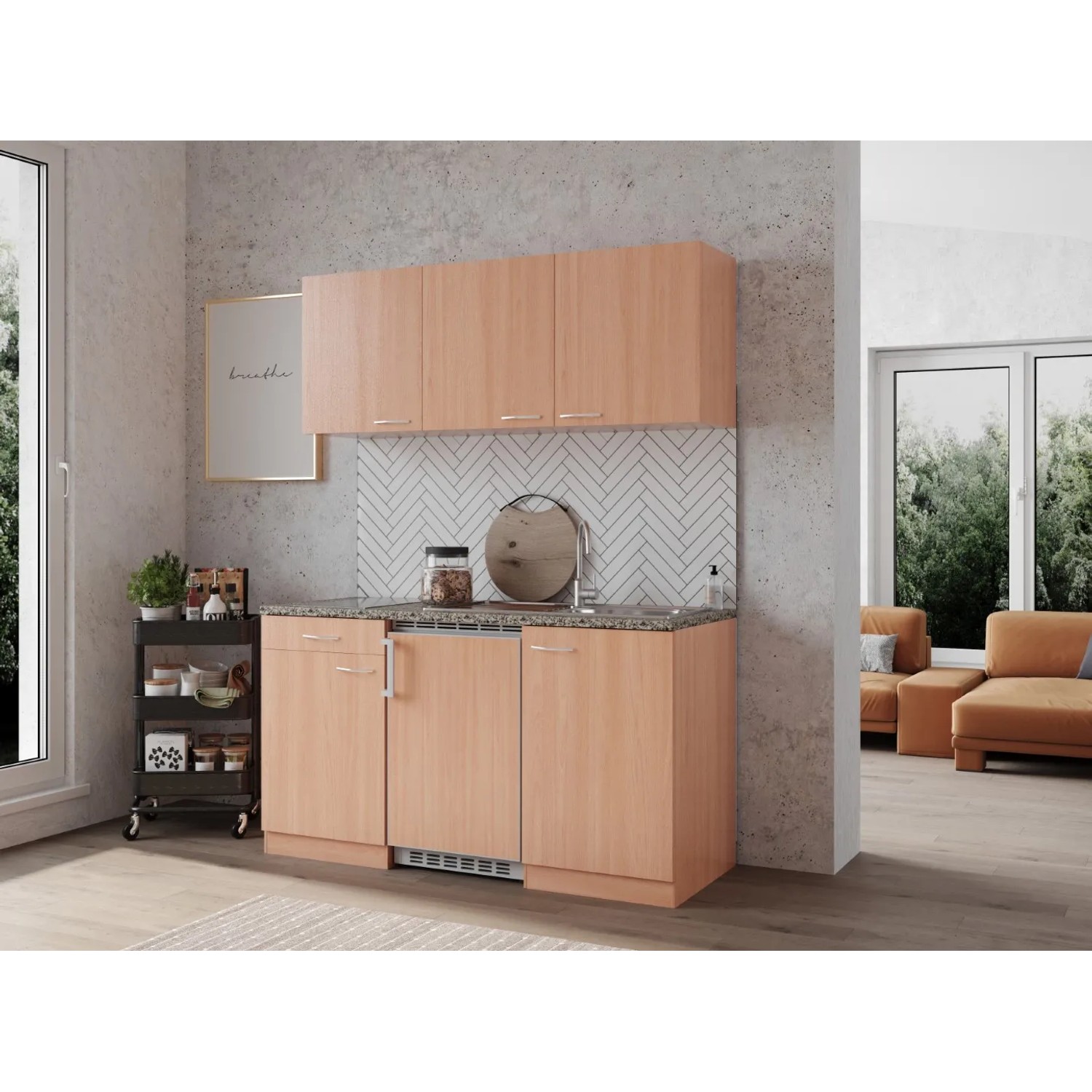 Respekta Küchenblock KB150BBC 150 cm Buche mit Kühlschrank und Glaskeramikkochfeld.