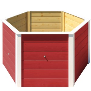 Rotes 6-Eck Weka Elementhochbeet 669 aus Holz, 143x120x68,5 cm, mit Wühlmausschutz.