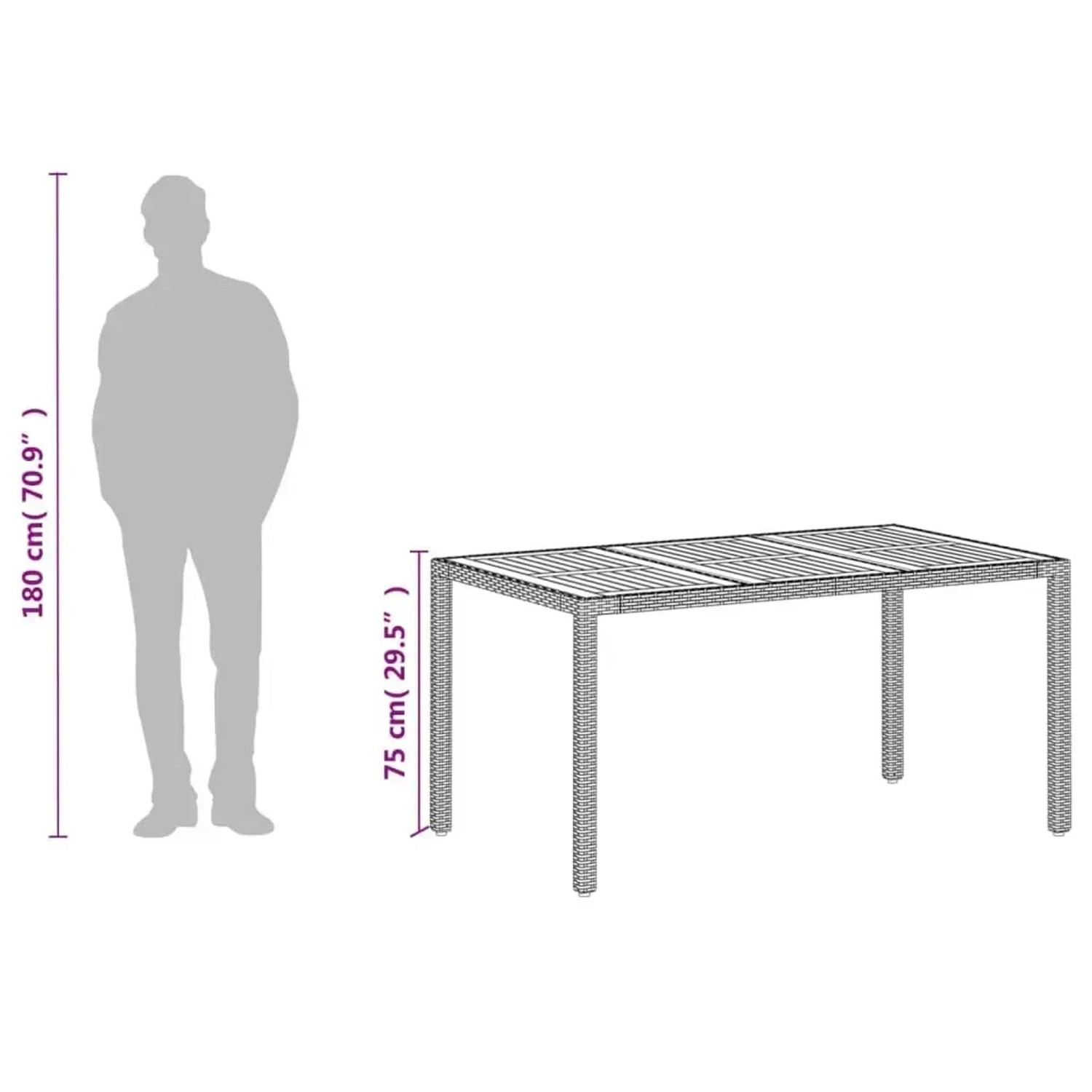Beiger Gartentisch 150x90 cm aus Rattan und Akazienholz für Garten, Terrasse oder Balkon.