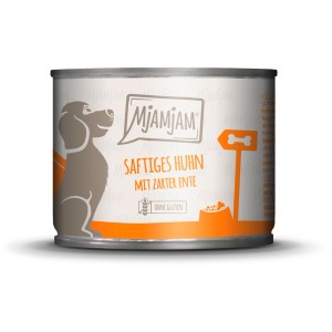 Mjamjam Hundenassfutter Huhn & Ente mit Möhren und Hirse, 200g Dose.