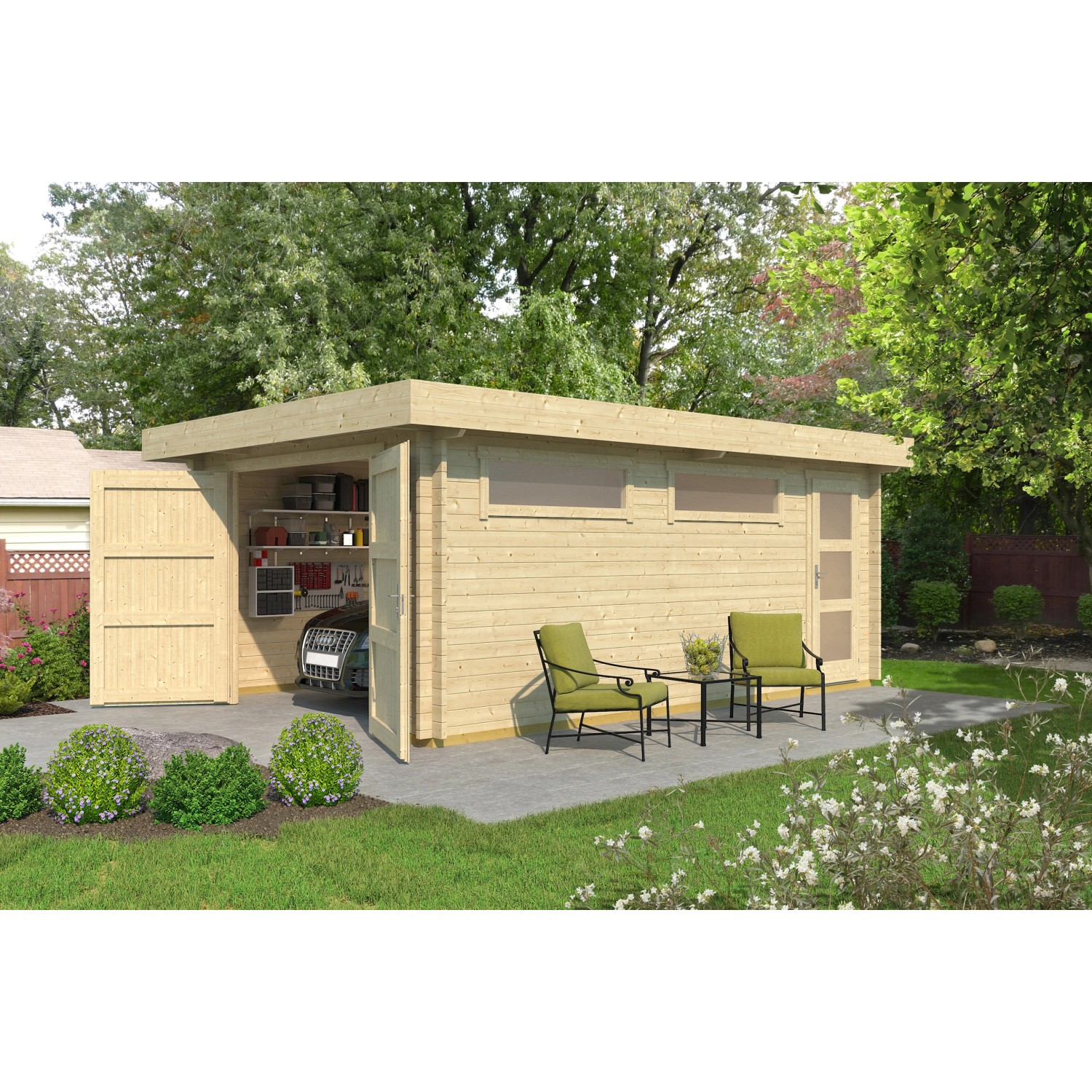 Einzelgarage 441, natur, 44 mm, mit Holztor 360 x 540 cm FSC®