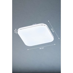 Weiße, dimmbare LED-Deckenleuchte Porto von Fischer & Honsel, 34x34 cm, mit Chromrand.