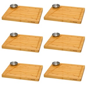 DuneDesign Raclette Teller Set, 6 Bambus Brettchen mit Dipschale, Küchenhelfer.