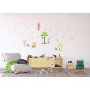 Sanders & Sanders Wandtattoo Wald mit Tieren, multicolor, 85x65 cm. Kinderzimmer Deko.