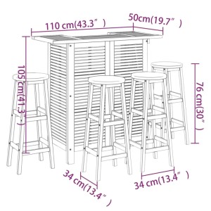 vidaXL 5-tlg. Gartenbar-Set aus Akazienholz mit Bartisch und vier Hockern.