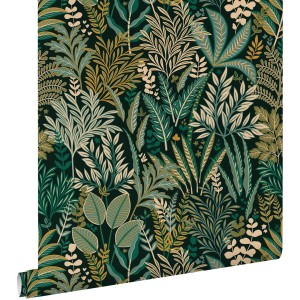 ESTAhome Tapete mit tropischen Blättern und Blüten in Grün, 50x900 cm.