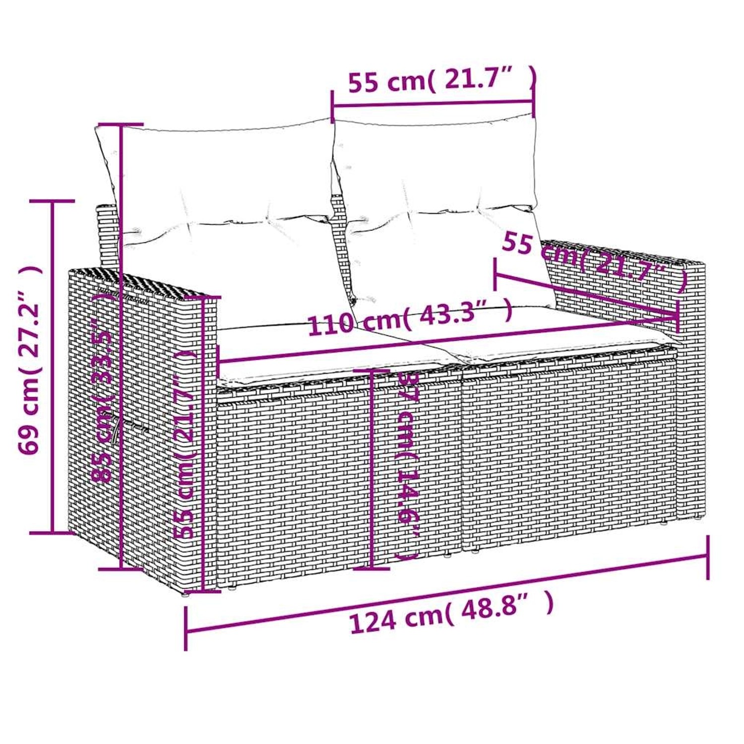 Beige vidaXL Garten-Sofagarnitur aus Rattan mit Kissen, Maße siehe Zeichnung.