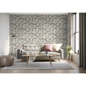 Tadessi Vliestapete Floral M1-No.4253 mit Blättermuster in Grün, Braun, Beige auf Weiß, im Wohnzimmer.