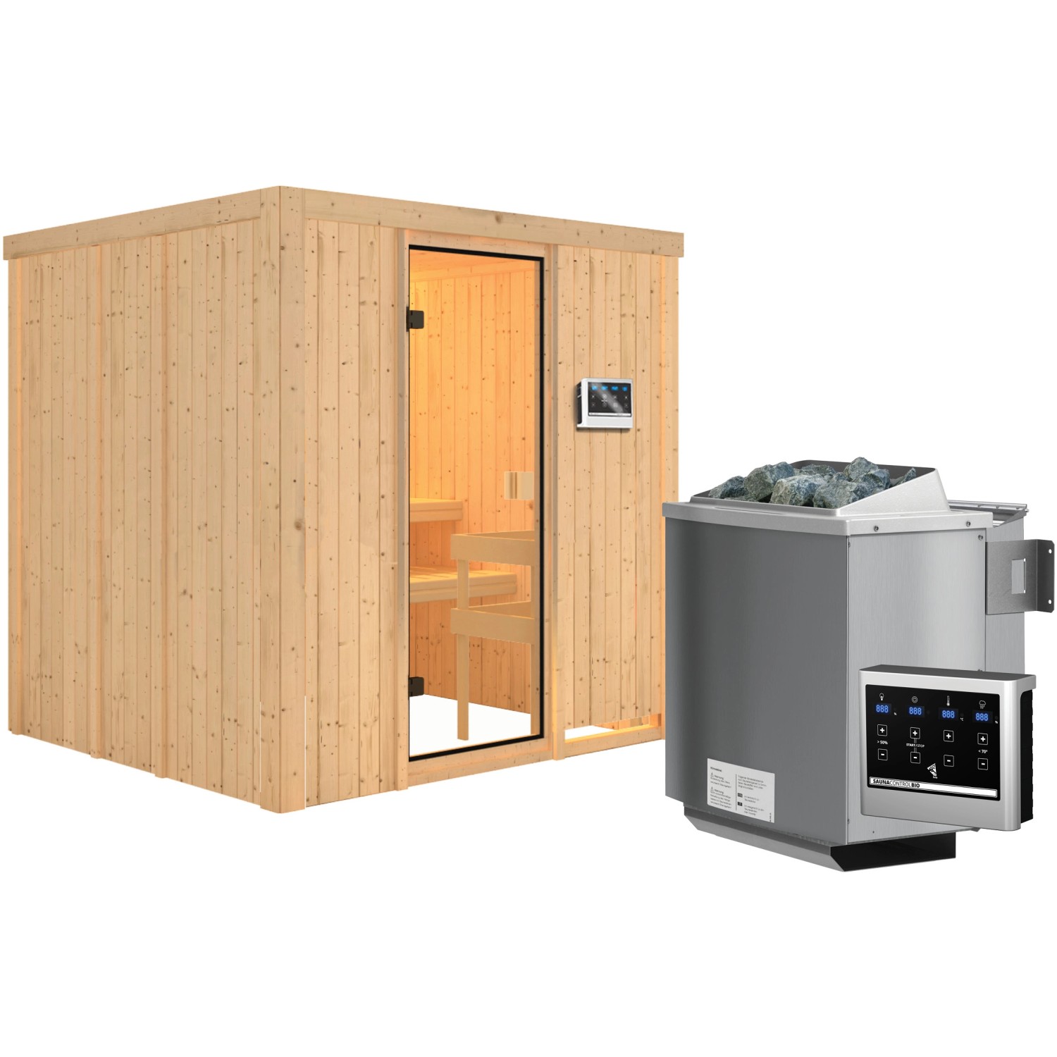 Woodfeeling Sauna Tromsö inkl. 9 kW Bio-Ofen mit ext. Strg., Glastür Bronziert