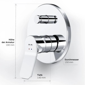 AM.PM X-Joy Unterputz Duscharmatur, Chrom, mit Hebel und separatem Regler. Details zur Größe sind im Bild dargestellt.