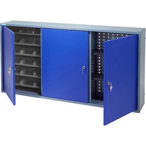 Küpper Hängeschrank, 3-türig, mit 18 Boxen und Lochwand, 1200 mm breit, für Werkzeug.