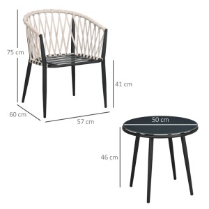 Graues Gartenmöbel-Set: Stuhl mit geflochtener Lehne, runder Gartentisch mit Glasplatte. Maße sichtbar.