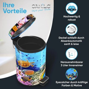 SANILO Kosmetikeimer Ocean mit Meeresmotiv, 3 Liter Volumen, Fußpedal und Absenkautomatik.
