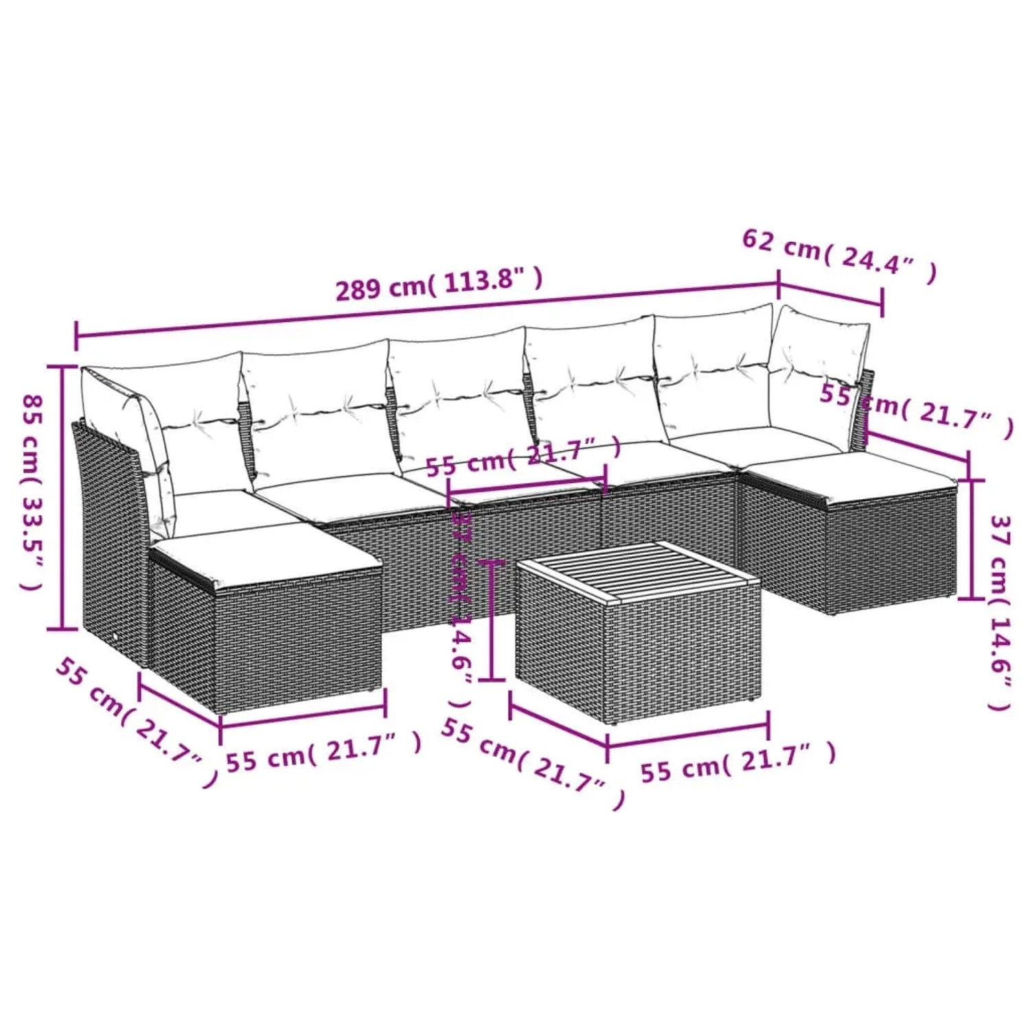 vidaXL 8-tlg. Garten-Sofagarnitur aus Poly Rattan, schwarz, mit Kissen. Gartenmöbel-Set mit Tisch und Hockern.