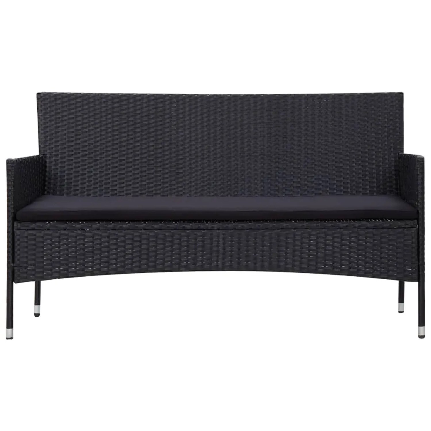 Schwarzes 3-Sitzer Gartensofa aus Rattan mit Sitzkissen, Teil des vidaXL Lounge-Sets.