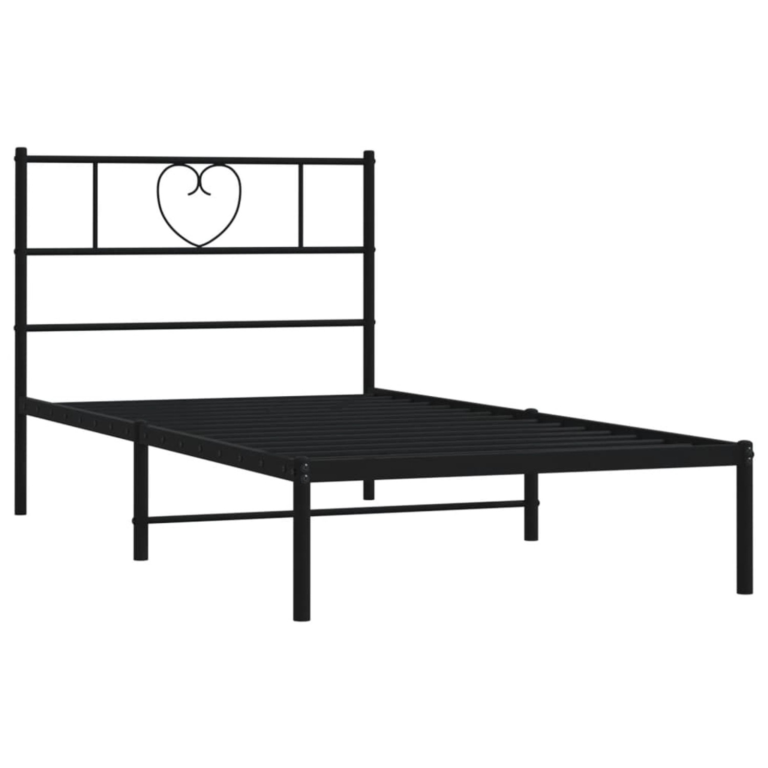 Schwarzes Metall Bettgestell 107x203 cm mit Herz-Kopfteil für Jugendzimmer oder Schlafzimmer.