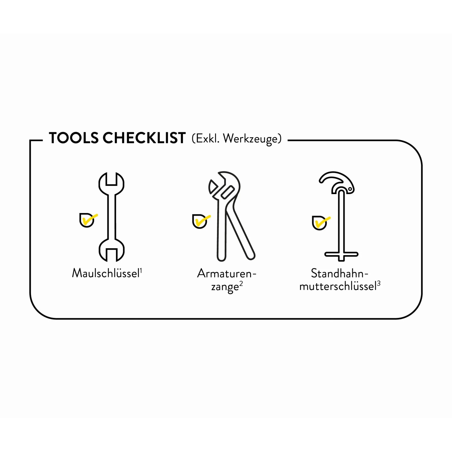 Symbolische Darstellung: Werkzeug-Checkliste (exkl. Werkzeuge) für Küchenarmatur Installation.