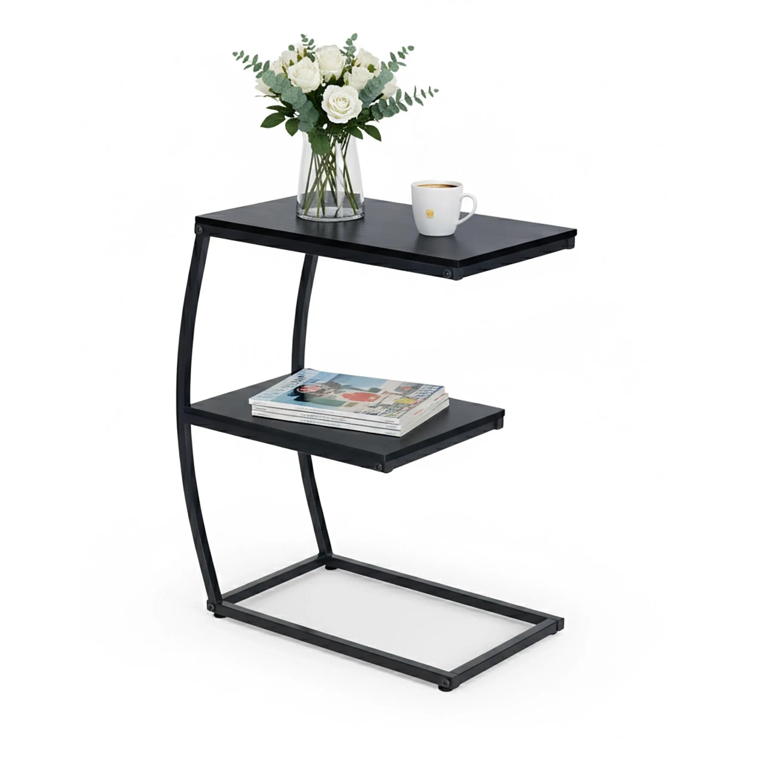 Relaxdays Beistelltisch in C-Form MDF Eisen Schwarz mit 2 Ablagen 58,5 cm x 47,5 cm x 25 cm 2,4 kg