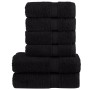 Gestapeltes, schwarzes 6-teiliges Handtuchset aus Baumwolle (4 Handtücher, 2 Duschtücher).