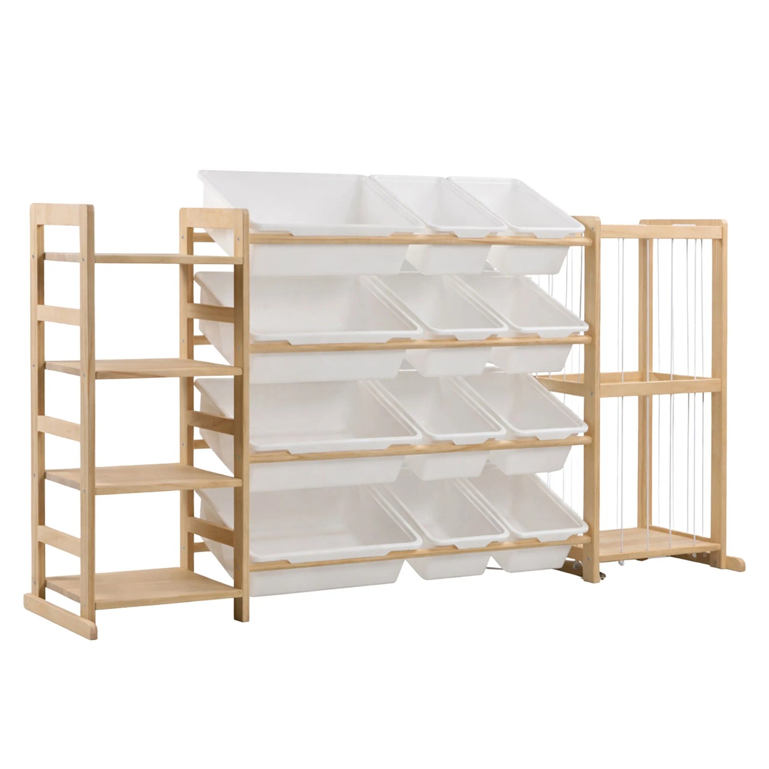 Relaxdays Kinderregal Kiefernholz Natur Weiß mit 12 Boxen 80 cm x 150 cm x 30 cm
