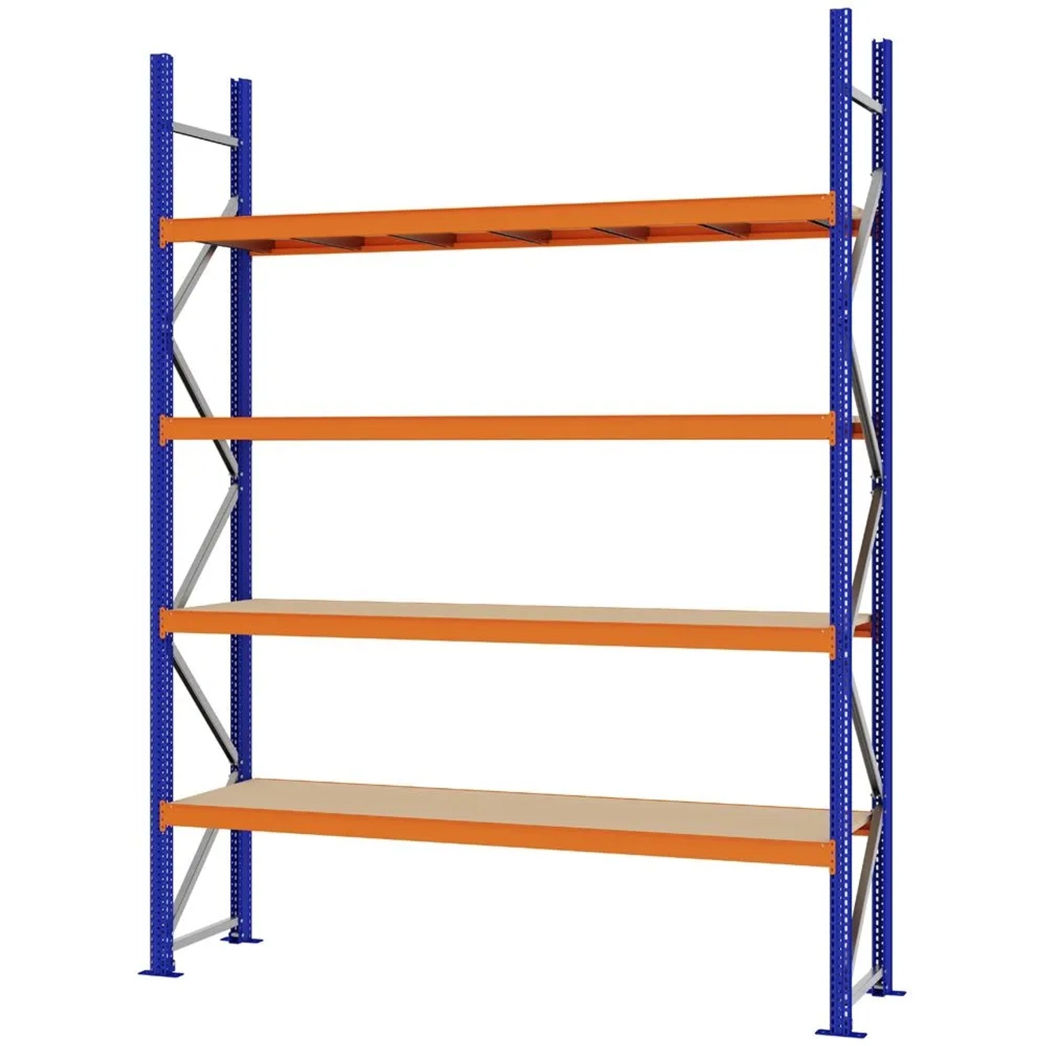 PROREGAL Weitspannregal Schraub-Stecksystem MAGNUS PRO Made In Germany Grundregal 300x225x50cm 4 Ebenen Spanplattenböden Fachlast 520kg Blau/Orange
