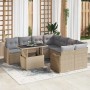 Beiges 9-teiliges vidaXL Garten-Sofa-Set aus Poly Rattan mit Tisch und grauen Kissen.