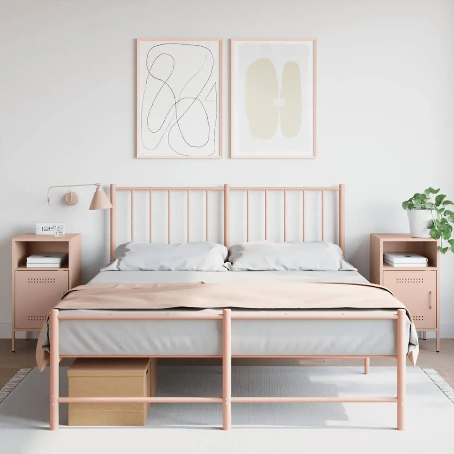 Zwei rosa vidaXL Nachttische aus Stahl neben einem Bett in einem Schlafzimmer.