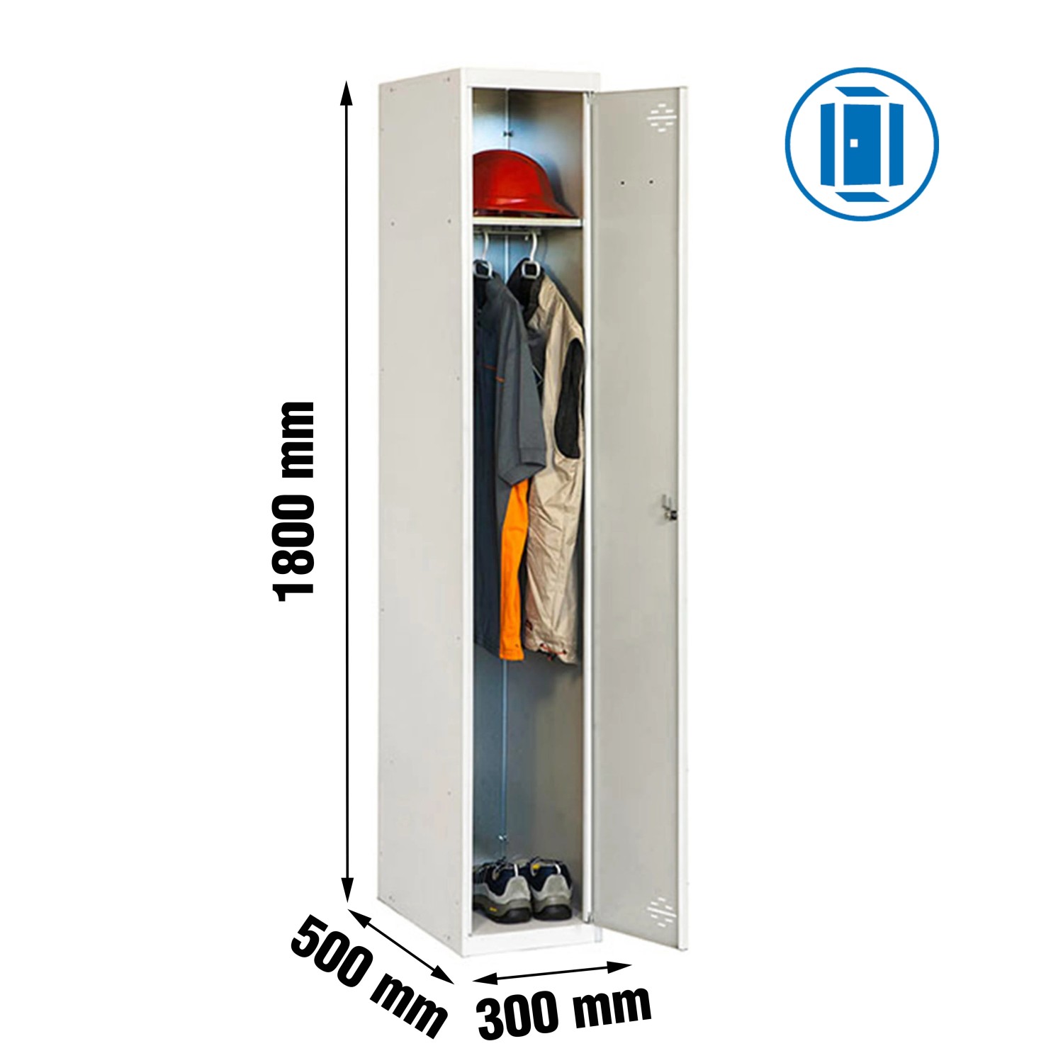 Grauer PROREGAL Spind AMEGO, 180x30x50cm, mit offenem Abteil und Kleidung.