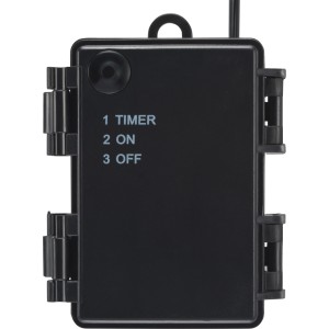 Detailaufnahme: Batteriebox mit Timer-Funktion für Metall-Lichtfigur Schneemann.