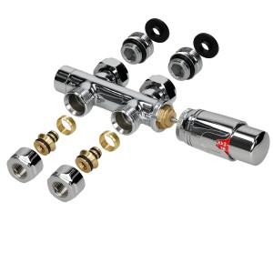 LuxeBath Ventil-Armaturen Set Multiblock Chrom Durchgangsform mit Thermostat für Heizkörper.