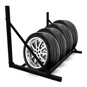 Schwarzes, klappbares Reifenregal CARRERO für 5 Reifen zur Wandmontage.