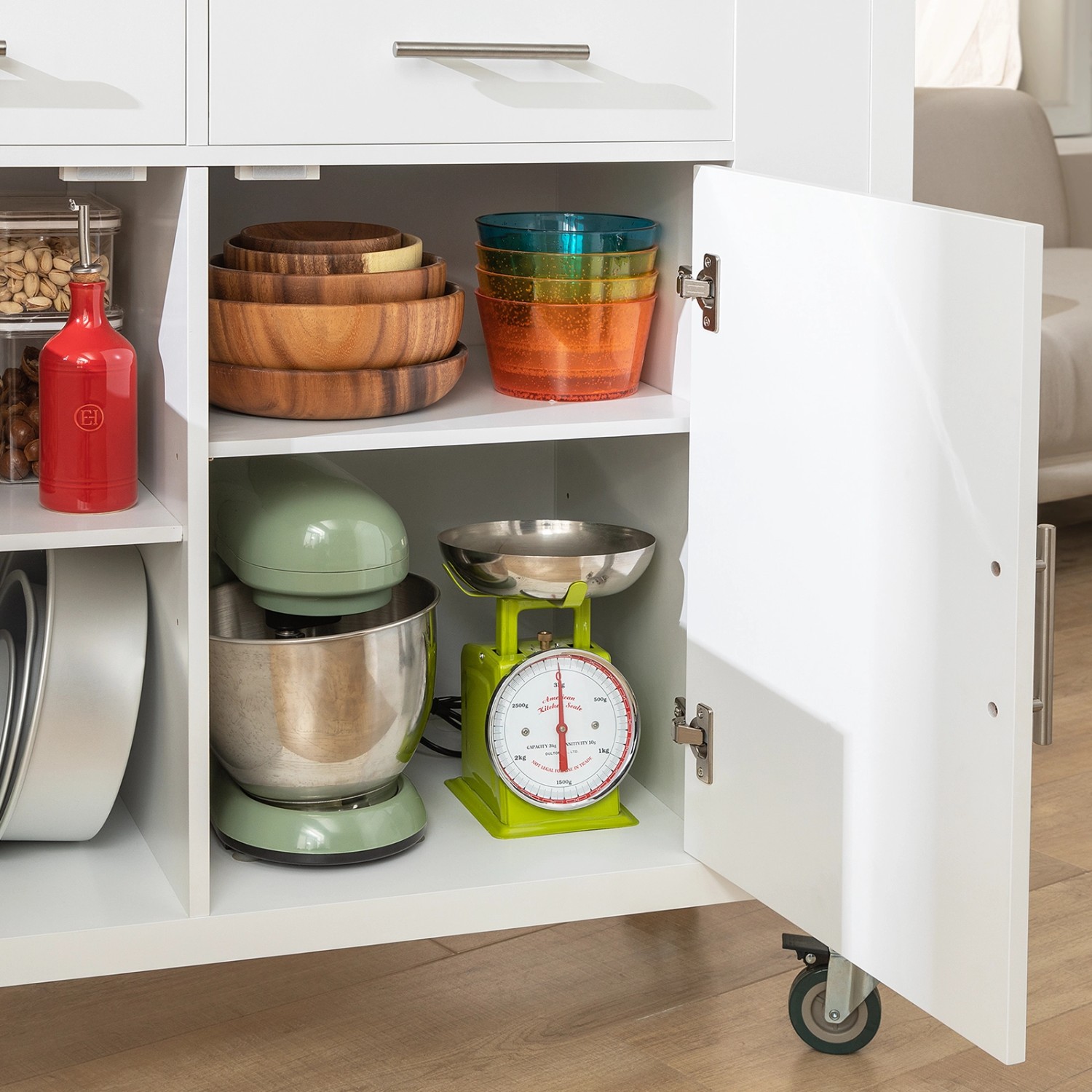 SoBuy Küchenwagen FKW108-W, weiß, mit Edelstahlplatte. Kücheninsel Rollwagen mit offener Tür und Innenleben.