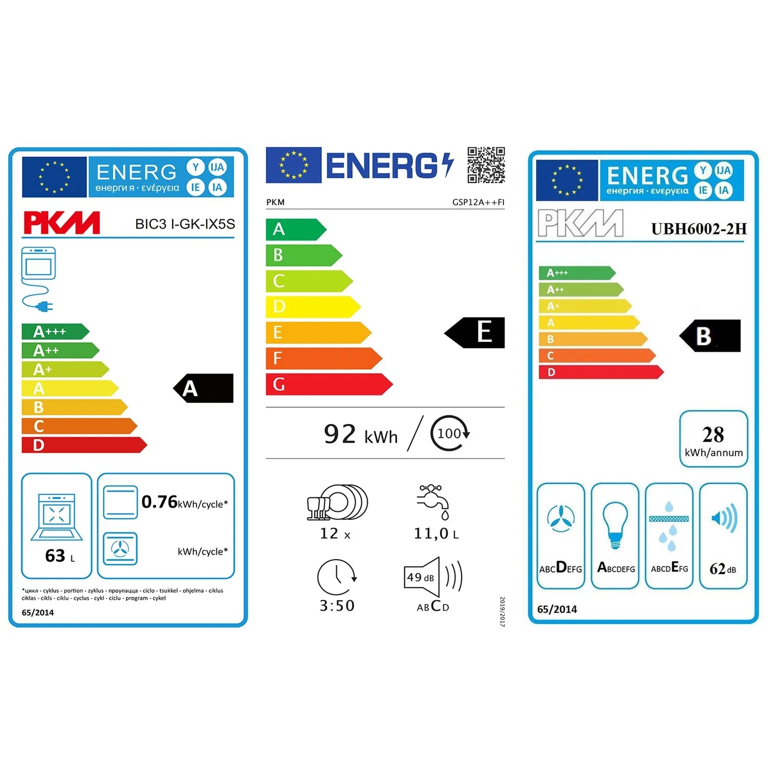 Energieetiketten für PKM Einbaugeräte: Backofen, Geschirrspüler und Dunstabzugshaube.