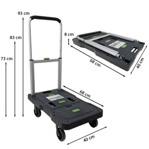 TRUTZHOLM Plattformwagen, klappbar, Traglast 150kg, mit Maßen offen und geschlossen.