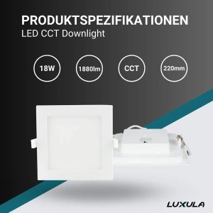 Quadratischer, weißer LUXULA LED Einbauspot (6er Set) mit CCT-Funktion zur Farbtemperaturwahl.