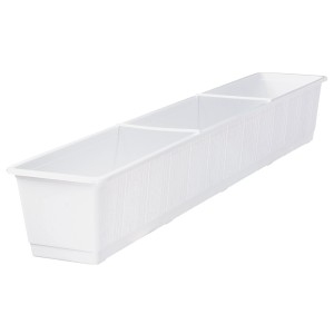 Weißer Geli Blumenkasten Standard, ca. 100 cm, mit Holzstruktur.