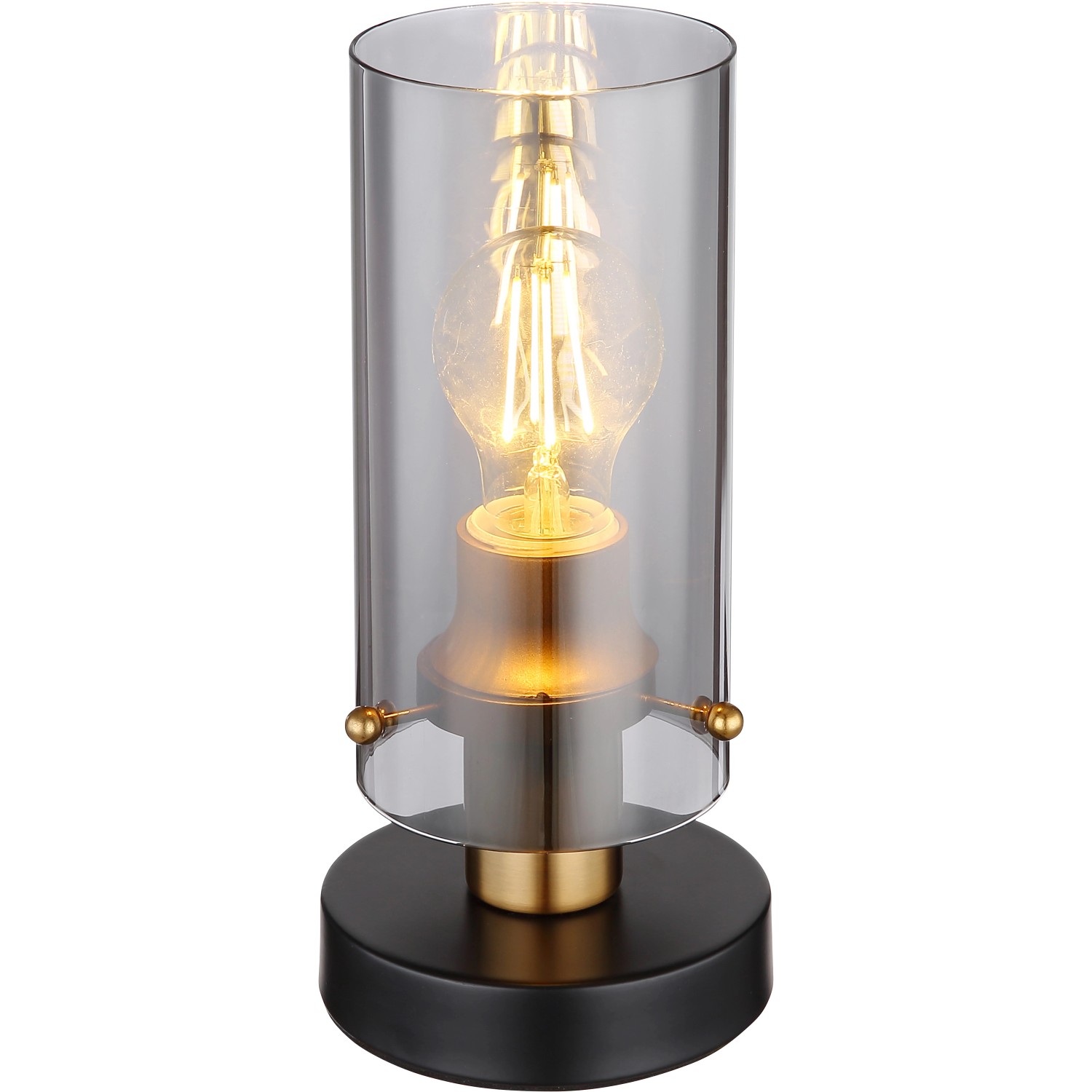 Globo Design-Tischlampe Fanni, schwarz-matt mit Rauchglas-Schirm und goldfarbenen Akzenten.