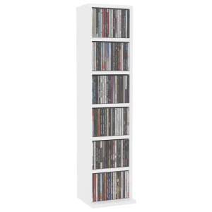 Weißer CD-Schrank (21x20x88 cm) aus Holzwerkstoff mit 6 Fächern, gefüllt mit CDs.