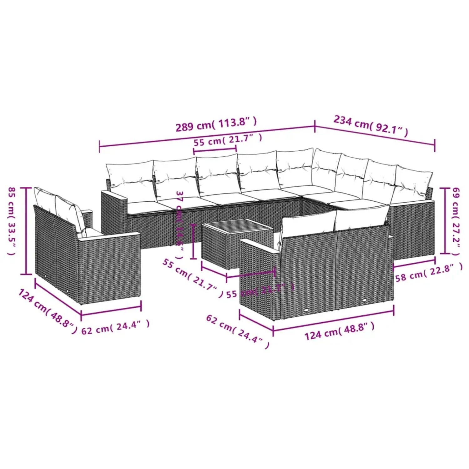 vidaXL Garten-Sofagarnitur, 13-teilig, beige Poly Rattan mit Kissen. Gartenmöbel-Set mit Ecksofa, Sesseln und Tisch.