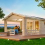 Skan Holz Gartenhaus Holmestrand Natur mit Anbau und Terrasse. Unbehandeltes Holz, 380x300 cm.