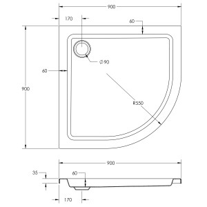 Technische Zeichnung: Ottofond Duschwanne Kraton Viertelkreis, 90x90 cm, Maße und Details.