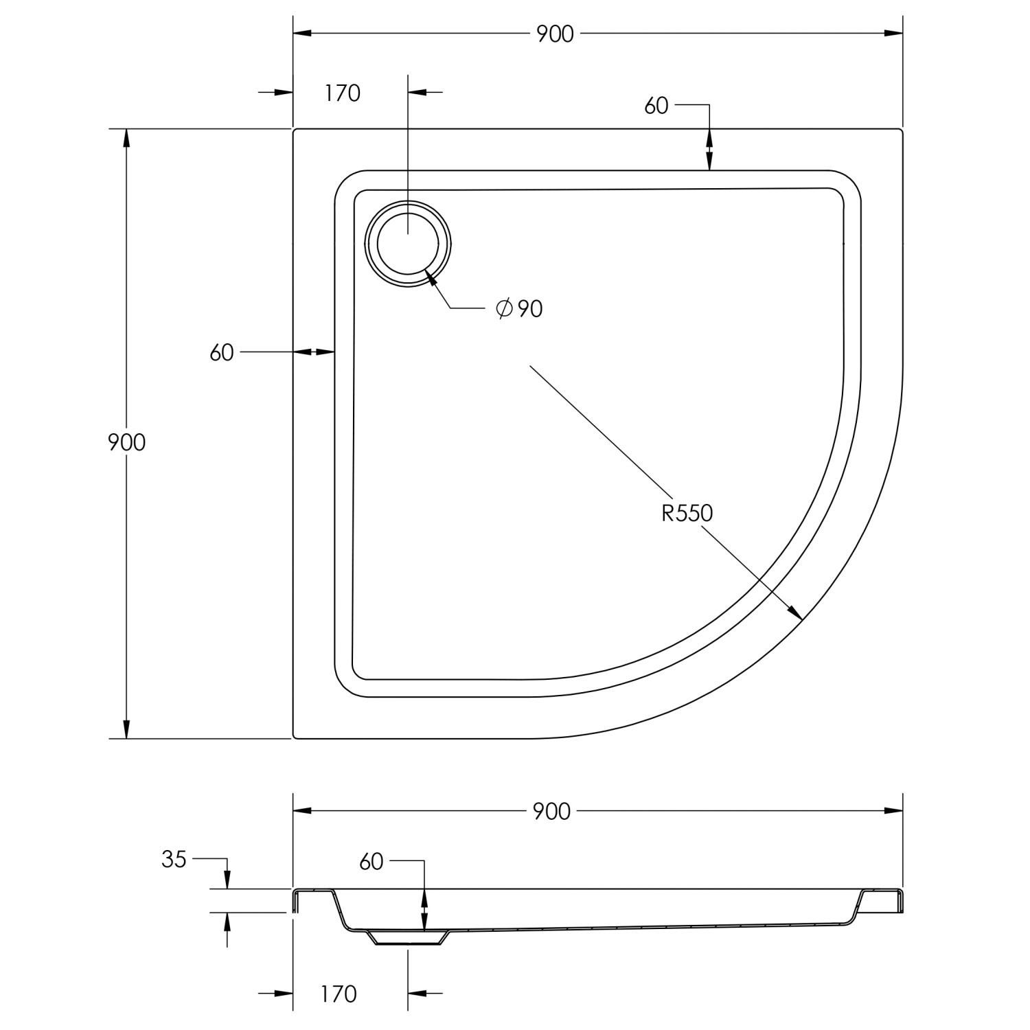 Technische Zeichnung: Ottofond Duschwanne Kraton Viertelkreis, 90x90 cm, Maße und Details.