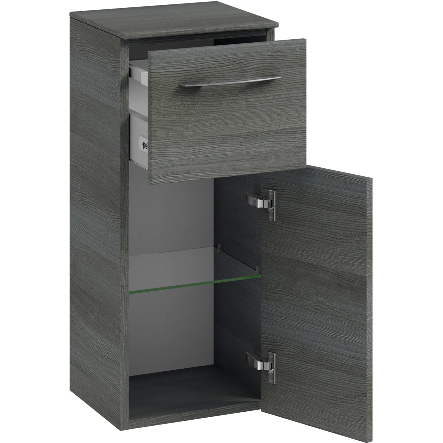 Pelipal Quantum 01 Bad-Hängeschrank in Graphit, 30 cm breit, mit Schublade und Tür geöffnet.